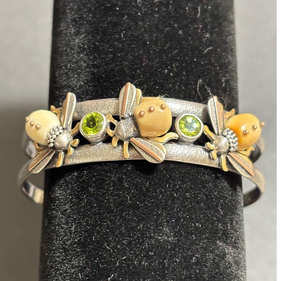Jewelry - Zealandia 925 14KGF Cuff Hand Carved Fossilized Walrus Tusk Bees Peridot Unique